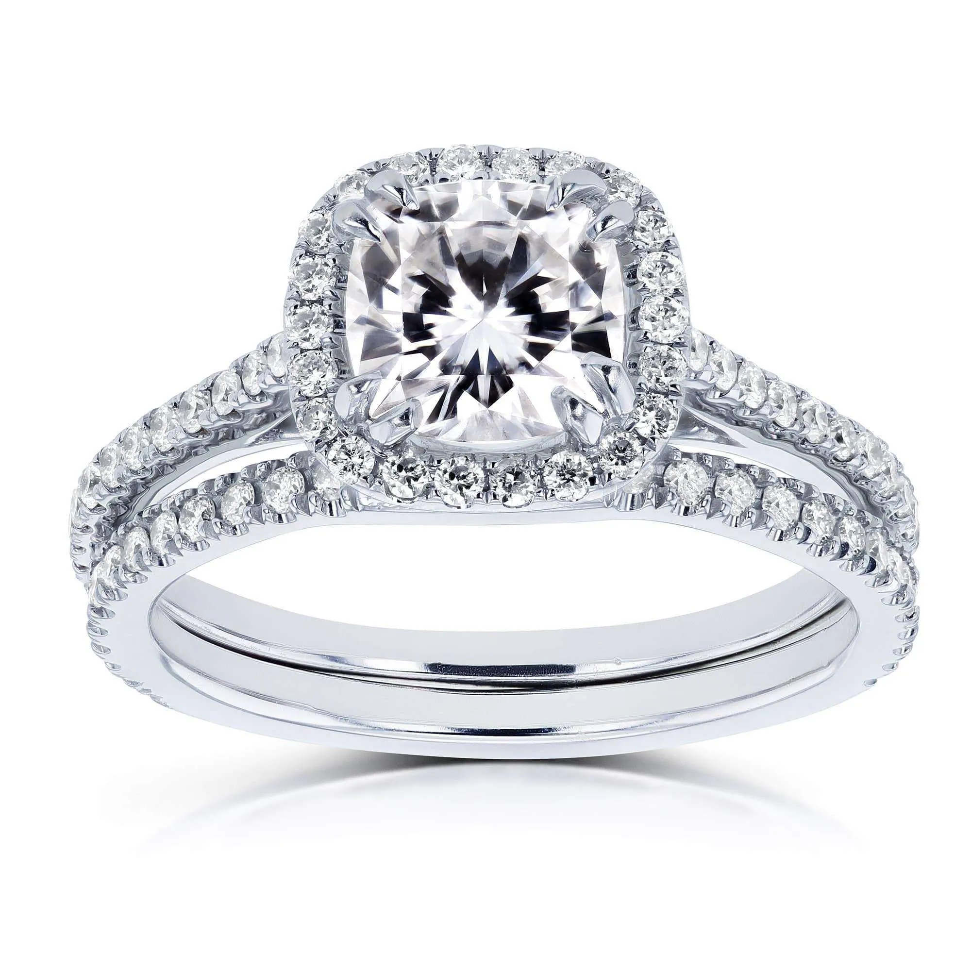 1-1/2ct.tw Cushion Halo Notched Band Bridal Set - Moissanite & Natural Diamonds