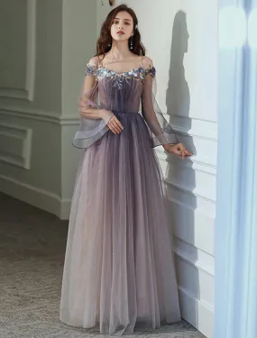 A-Line Minimalist Elegant Party Wear Prom Dress Off Shoulder Long Sleeve Floor Length Tulle with Appliques