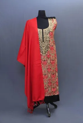 Black And Red Colour Suit Having AllOver Dense Embroiderd Jaal Will Definitely Add Elegance.