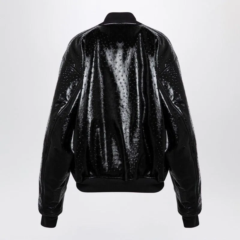 BLACK LEATHER OSTRICH-EFFECT BOMBER JACKET