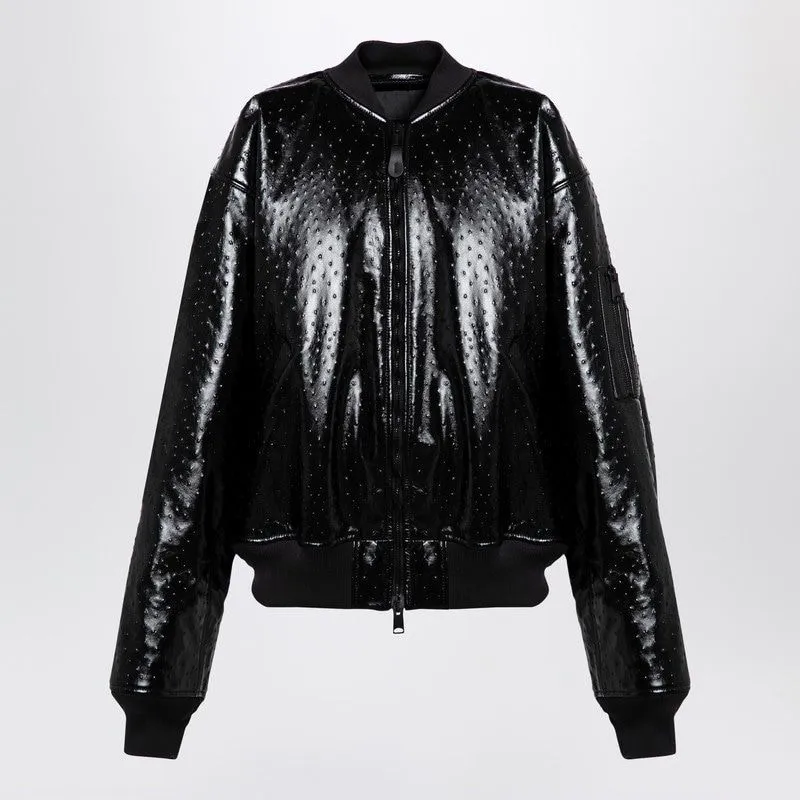 BLACK LEATHER OSTRICH-EFFECT BOMBER JACKET