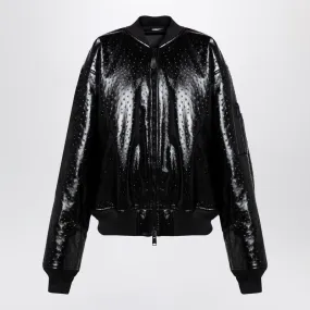 BLACK LEATHER OSTRICH-EFFECT BOMBER JACKET