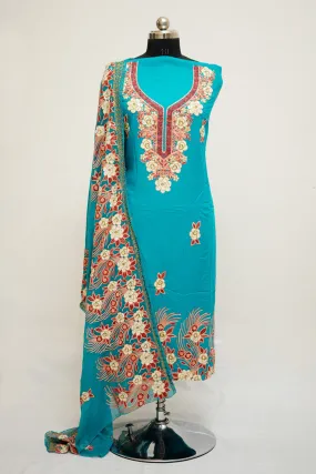 Blue  Colour Aari Work Salwar Kameez With Neckline  Pattern And Designer Dupatta.