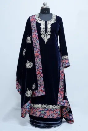 Blue Kashmiri Designer Tilla Embroidered Velvet Suit With Beautiful Stole