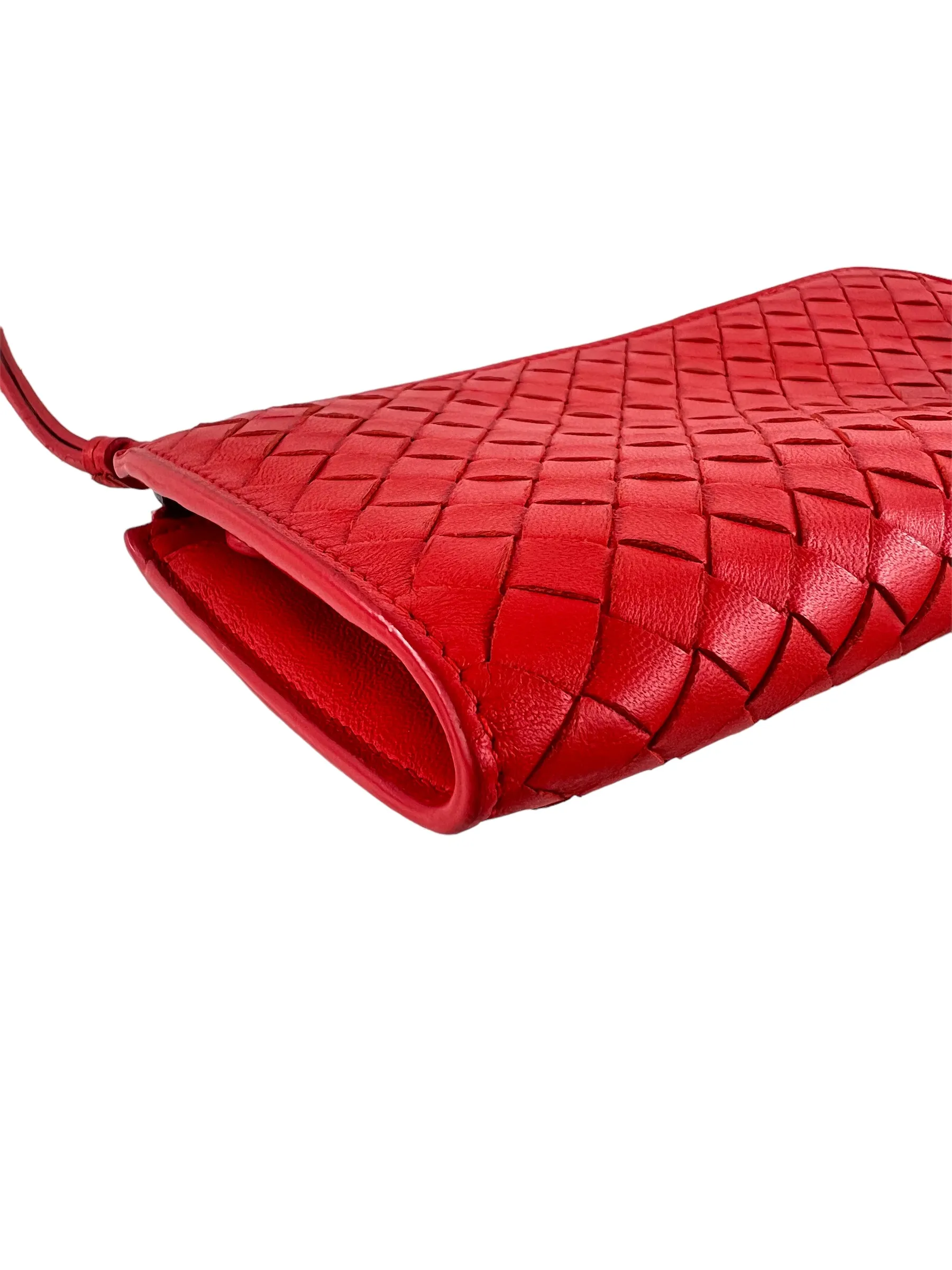 Bottega Coral Red Intrecciato Leather Zip Wallet