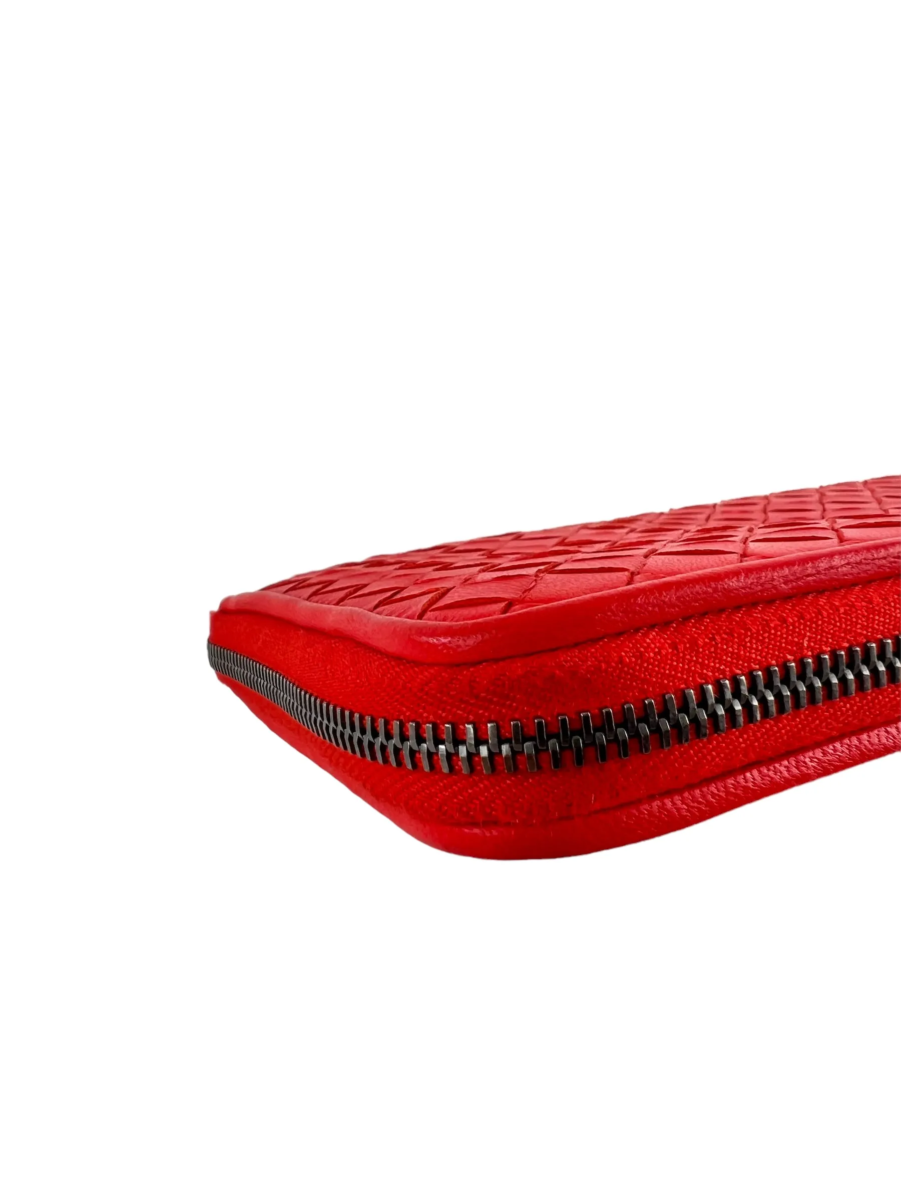 Bottega Coral Red Intrecciato Leather Zip Wallet