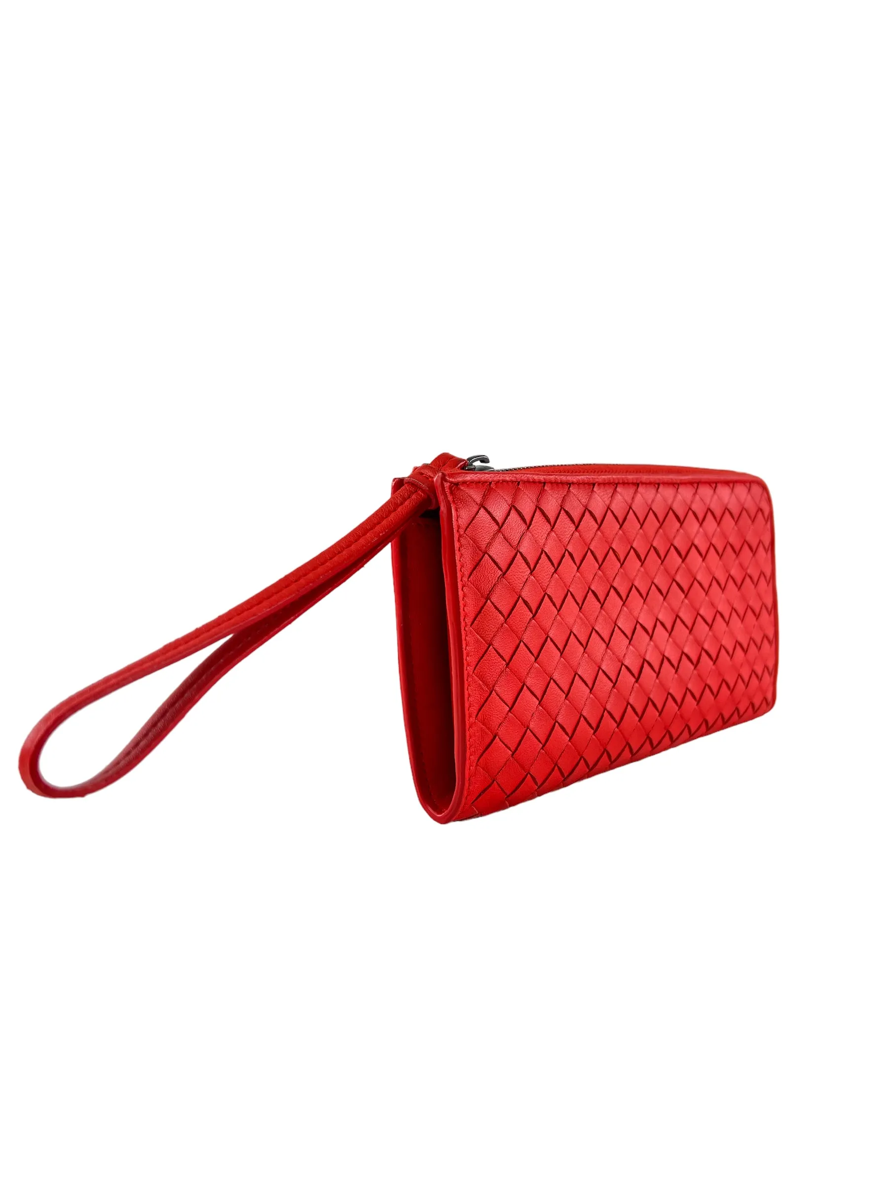 Bottega Coral Red Intrecciato Leather Zip Wallet