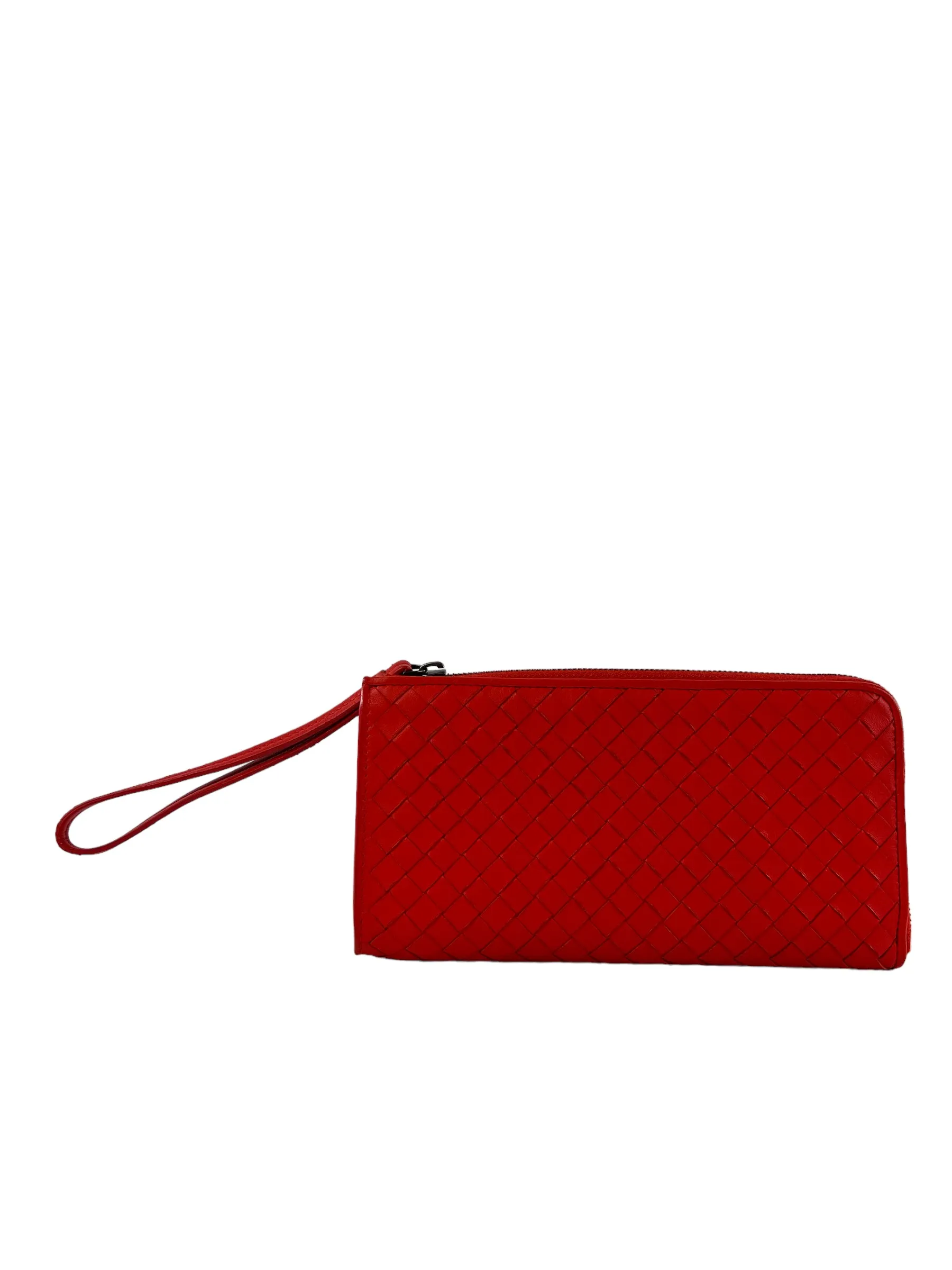 Bottega Coral Red Intrecciato Leather Zip Wallet