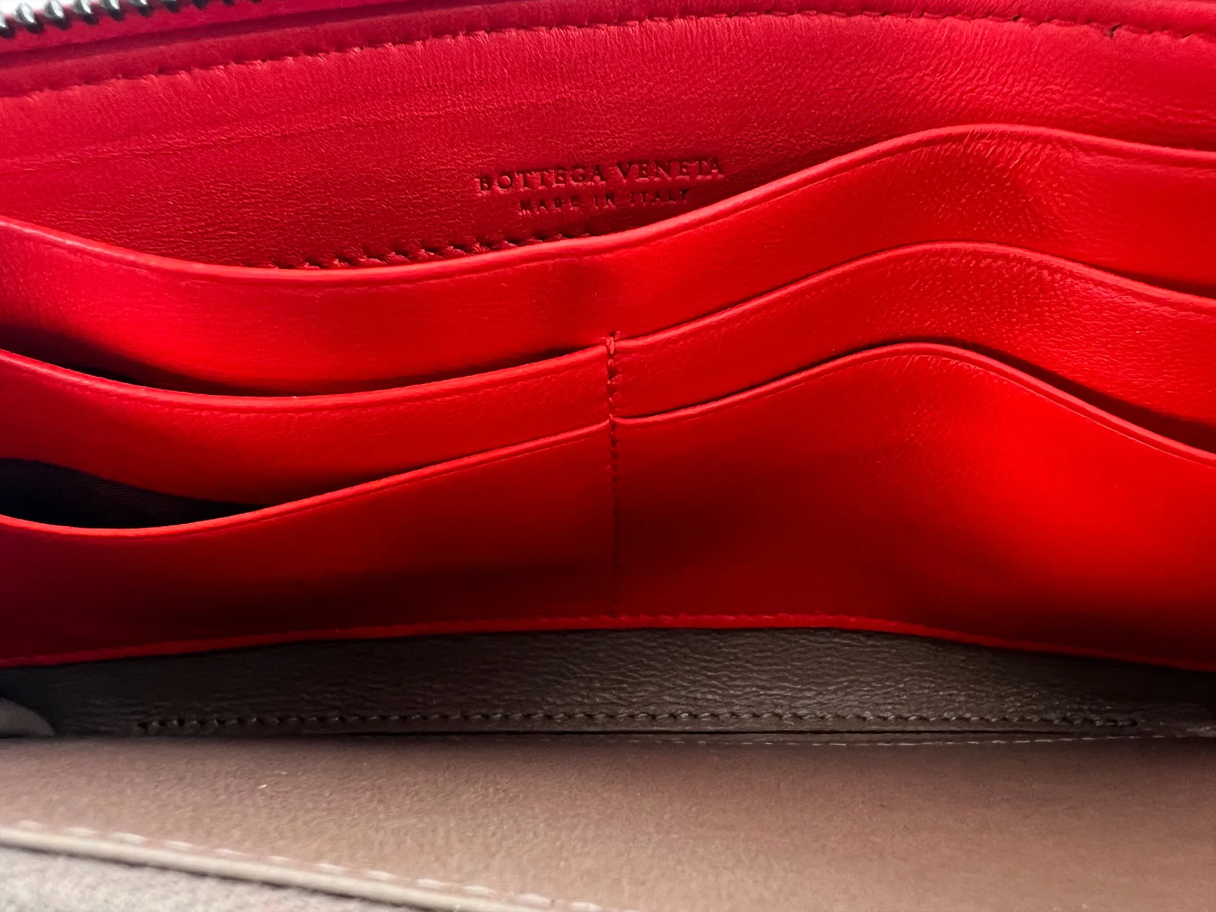 Bottega Coral Red Intrecciato Leather Zip Wallet