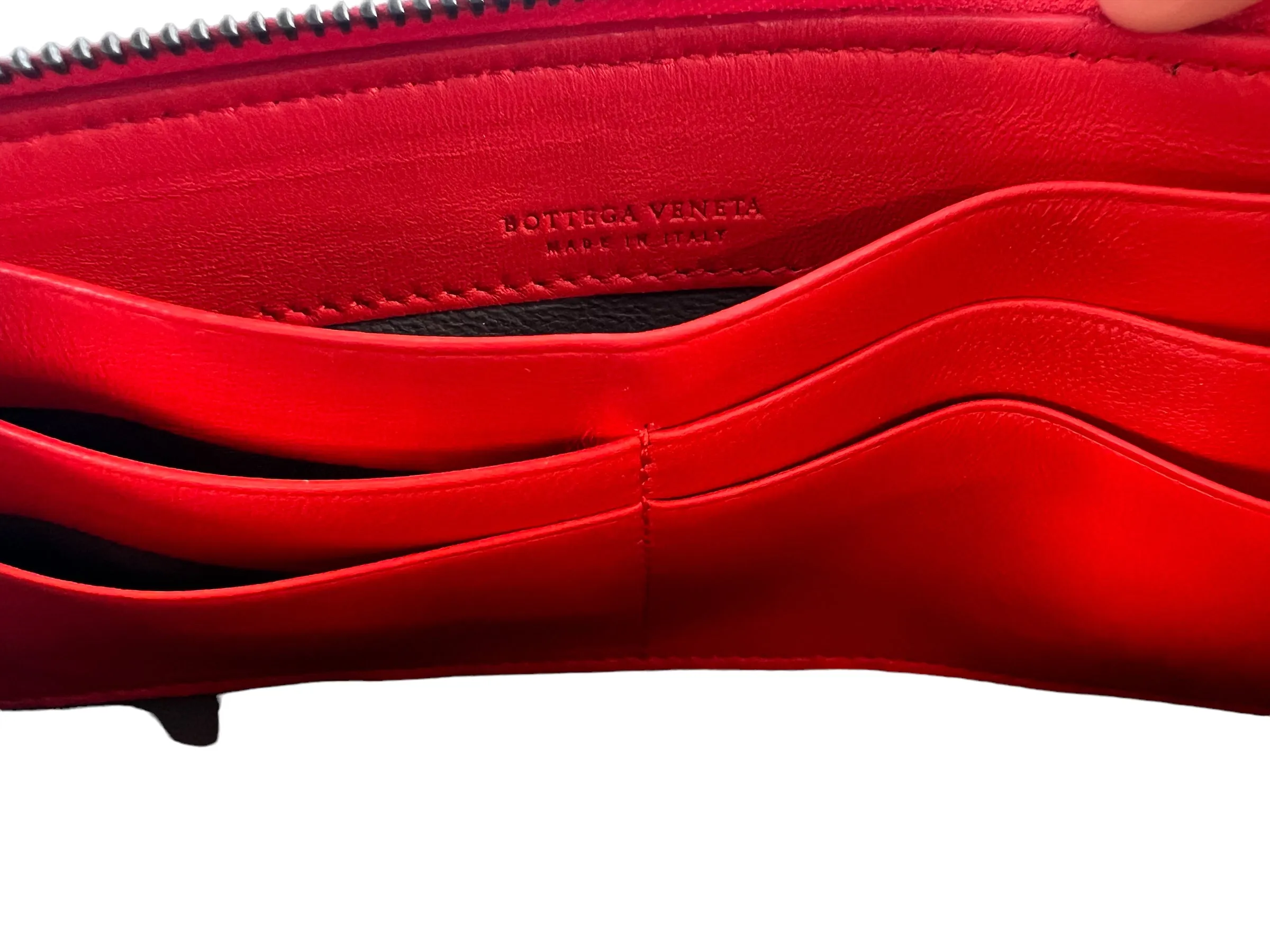 Bottega Coral Red Intrecciato Leather Zip Wallet