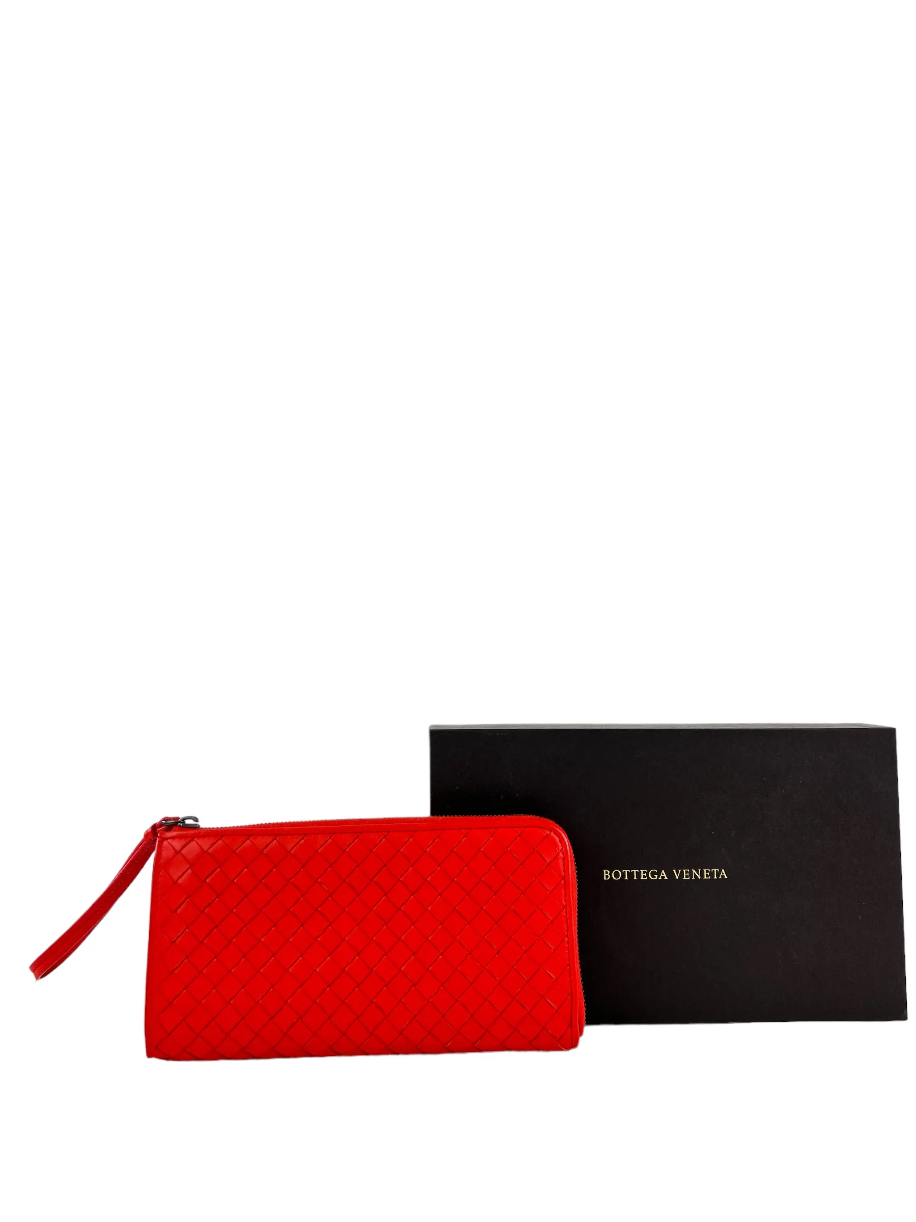 Bottega Coral Red Intrecciato Leather Zip Wallet