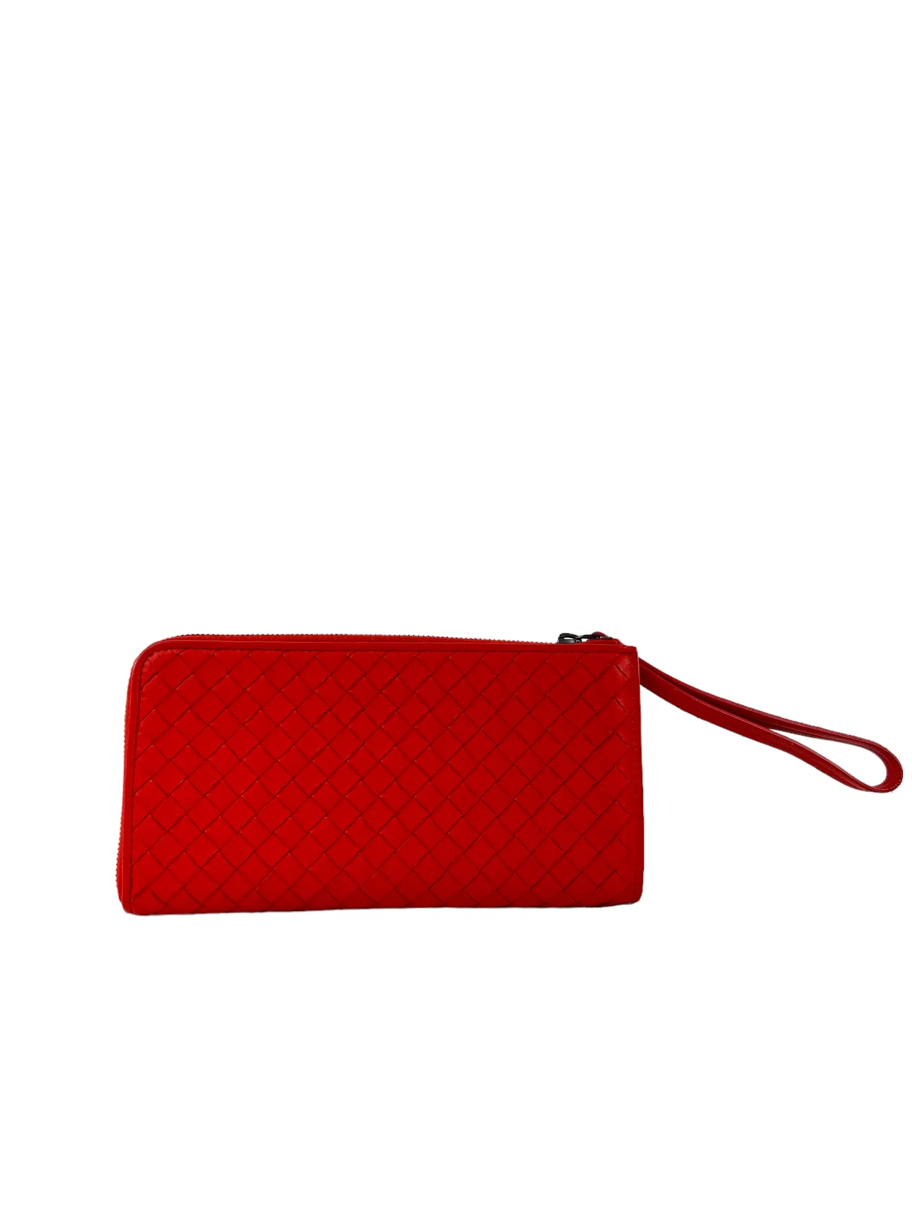 Bottega Coral Red Intrecciato Leather Zip Wallet