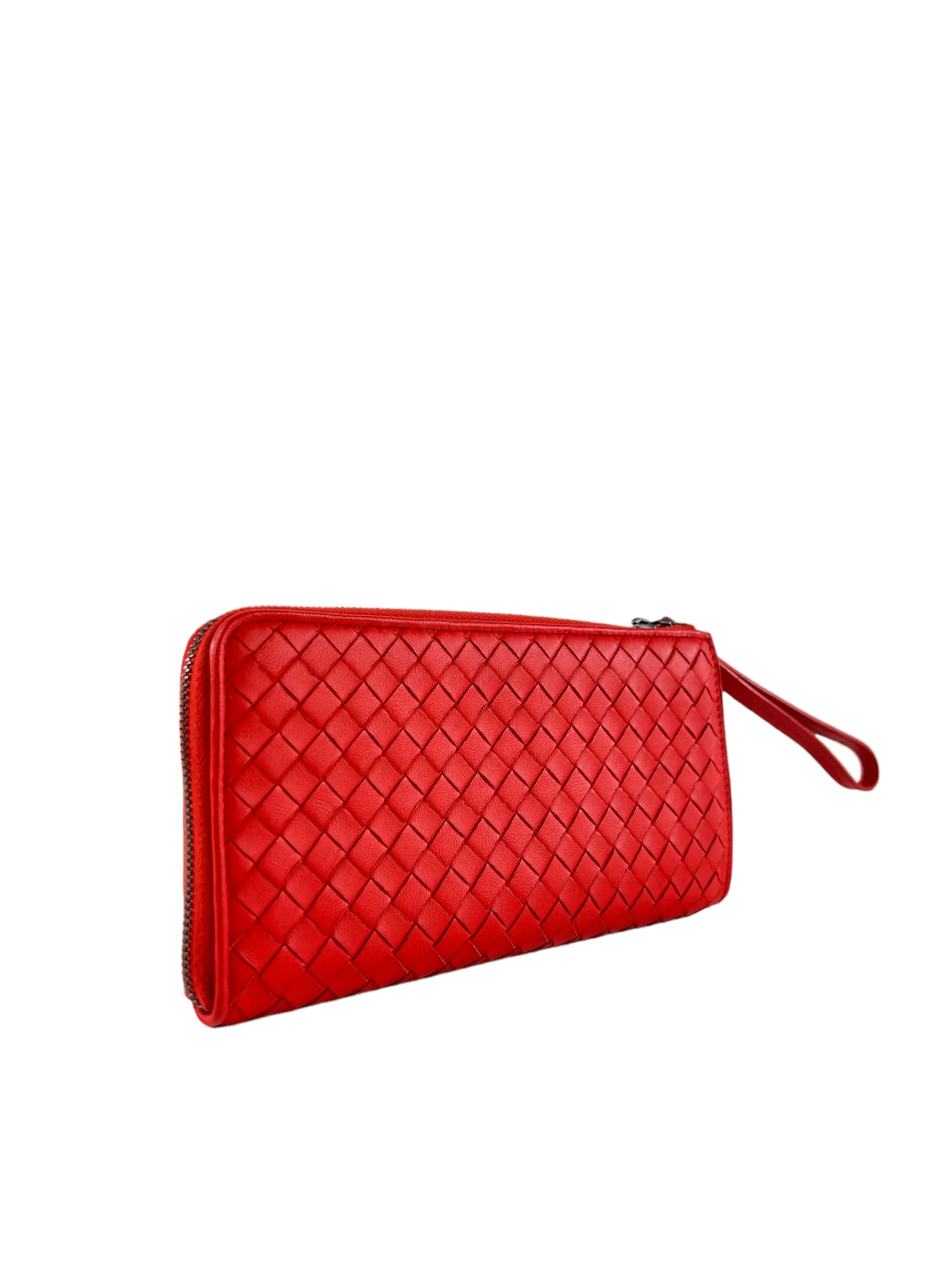 Bottega Coral Red Intrecciato Leather Zip Wallet