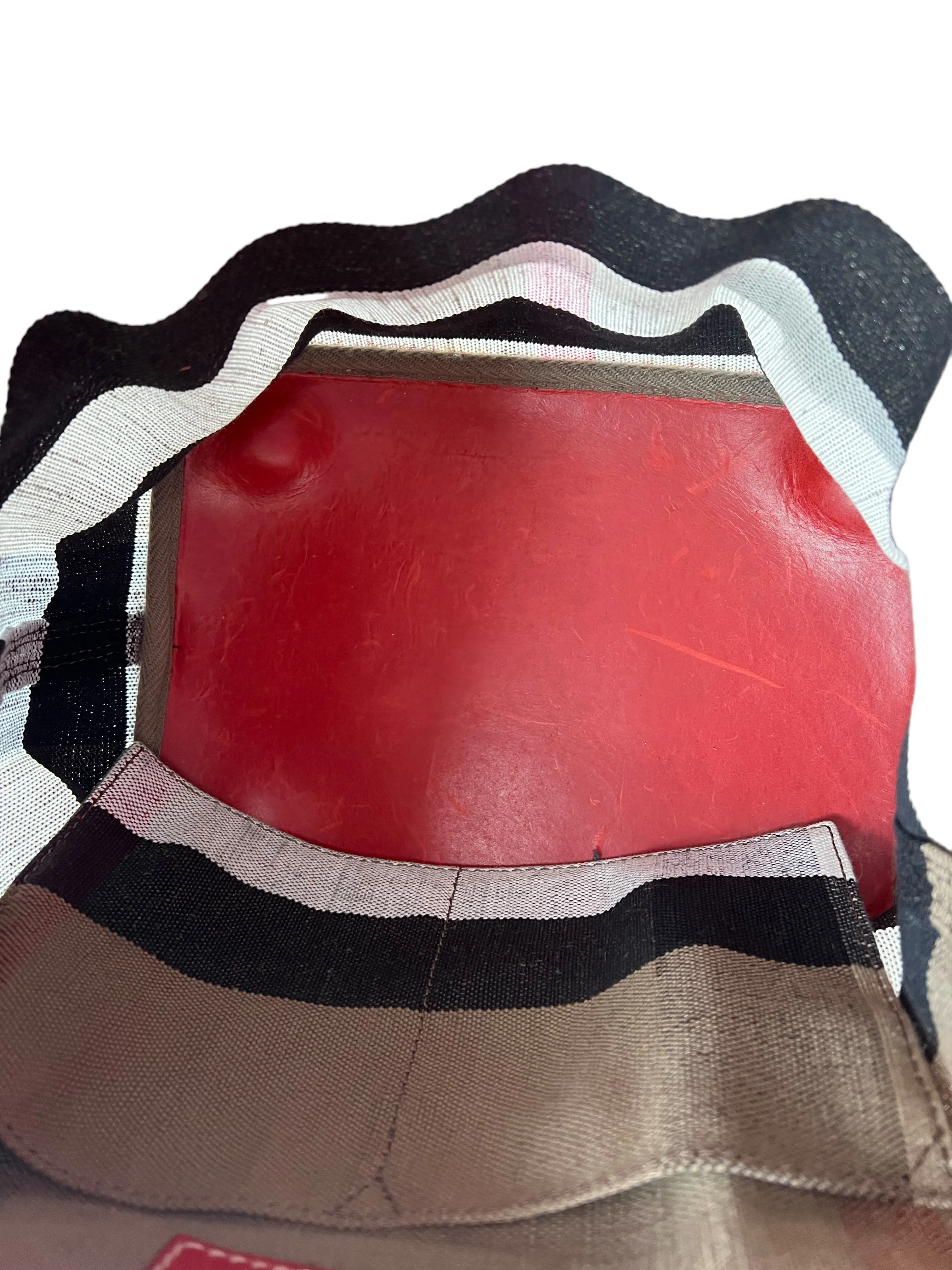 Burberry Checked Bucket Handbag With Red Leather Trim