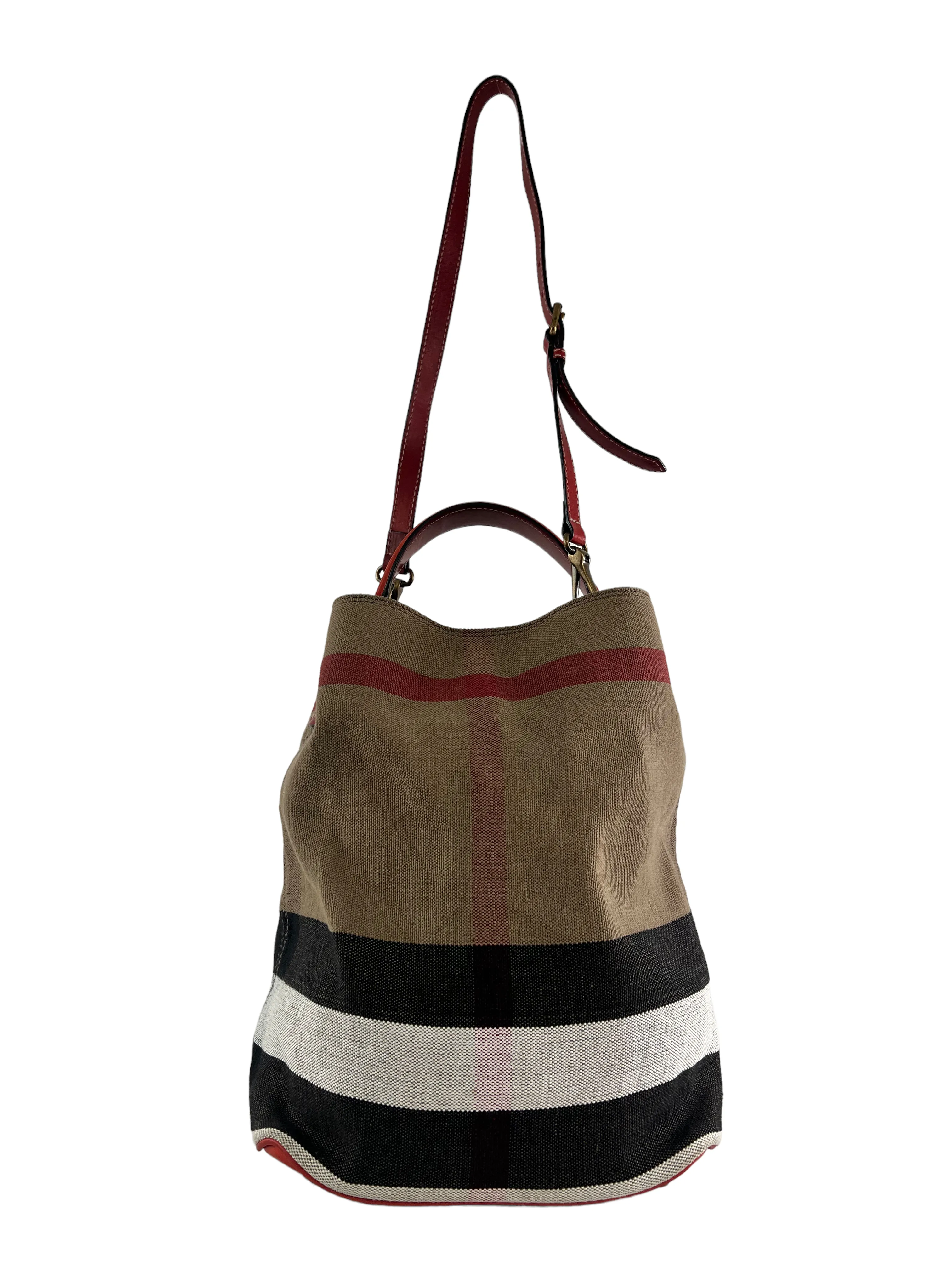 Burberry Checked Bucket Handbag With Red Leather Trim