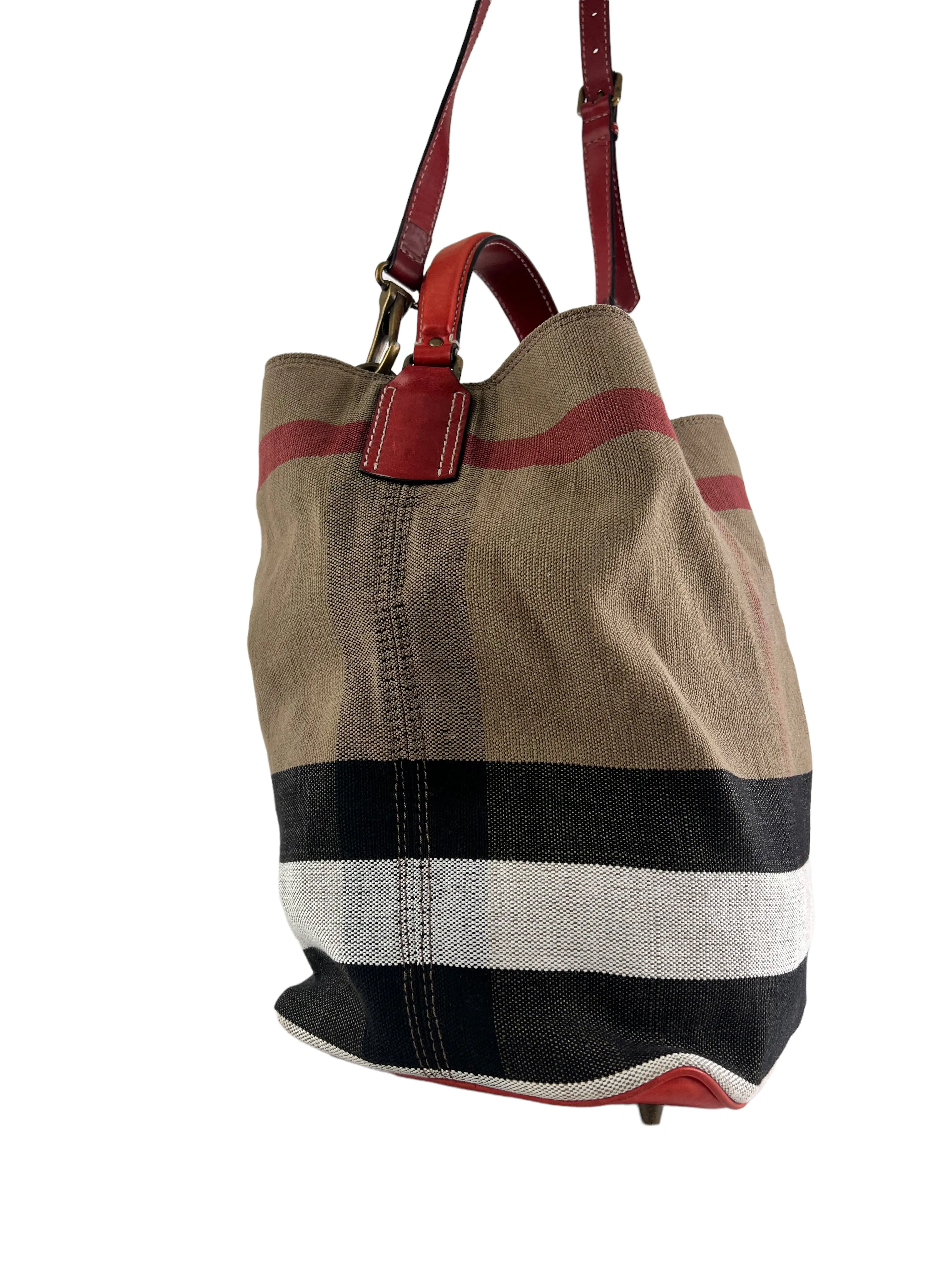 Burberry Checked Bucket Handbag With Red Leather Trim