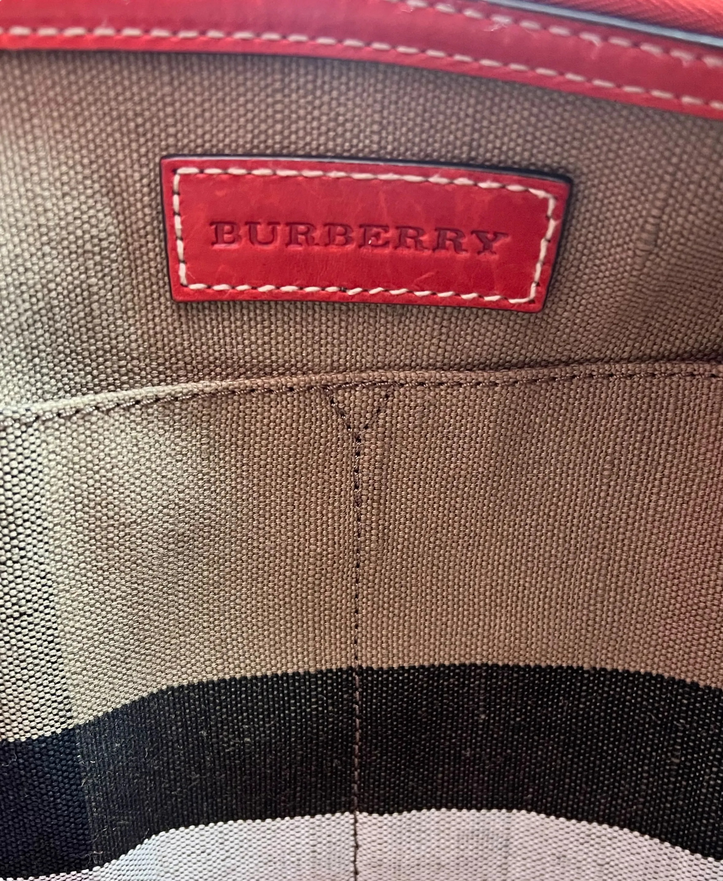 Burberry Checked Bucket Handbag With Red Leather Trim