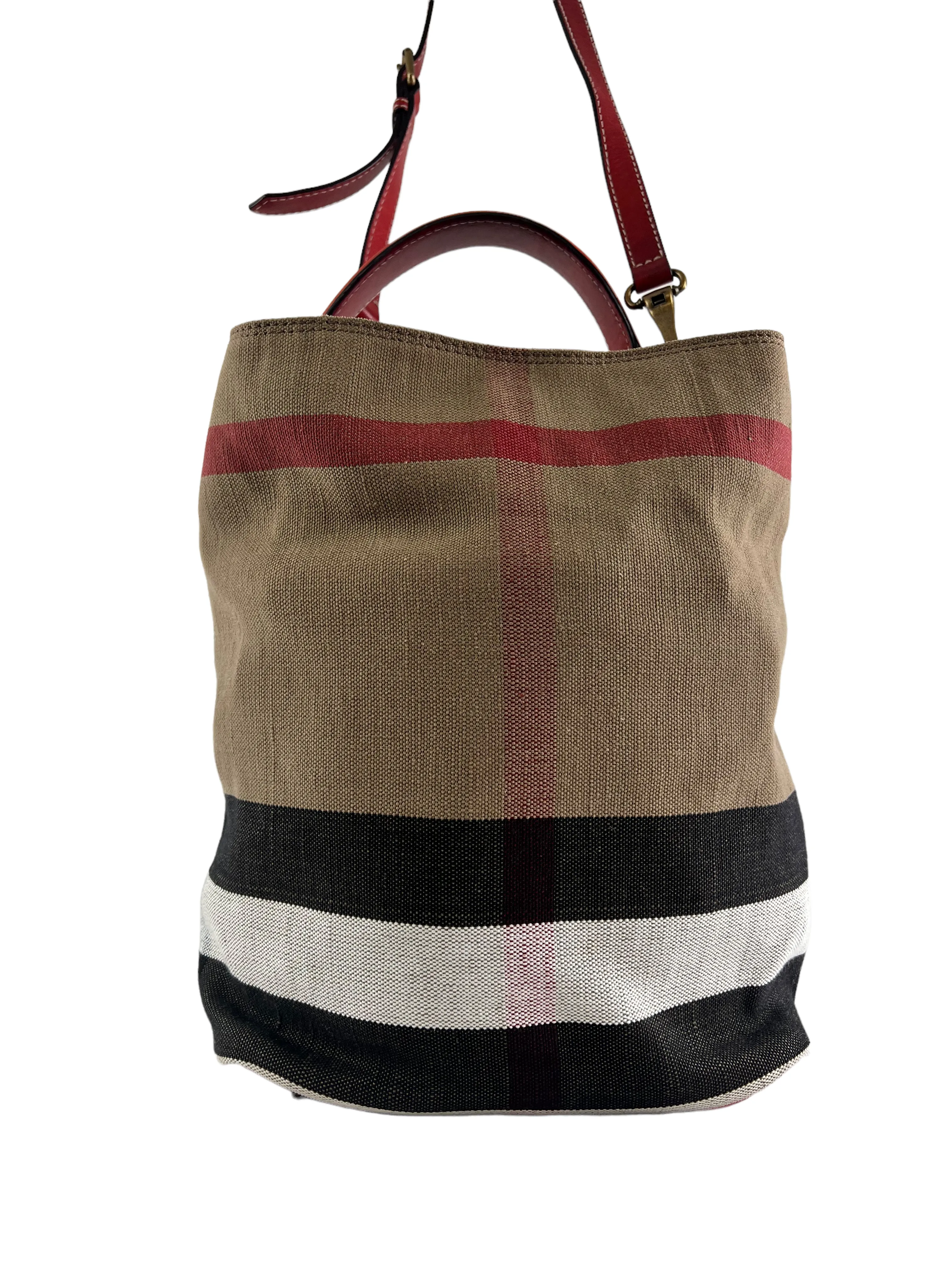 Burberry Checked Bucket Handbag With Red Leather Trim