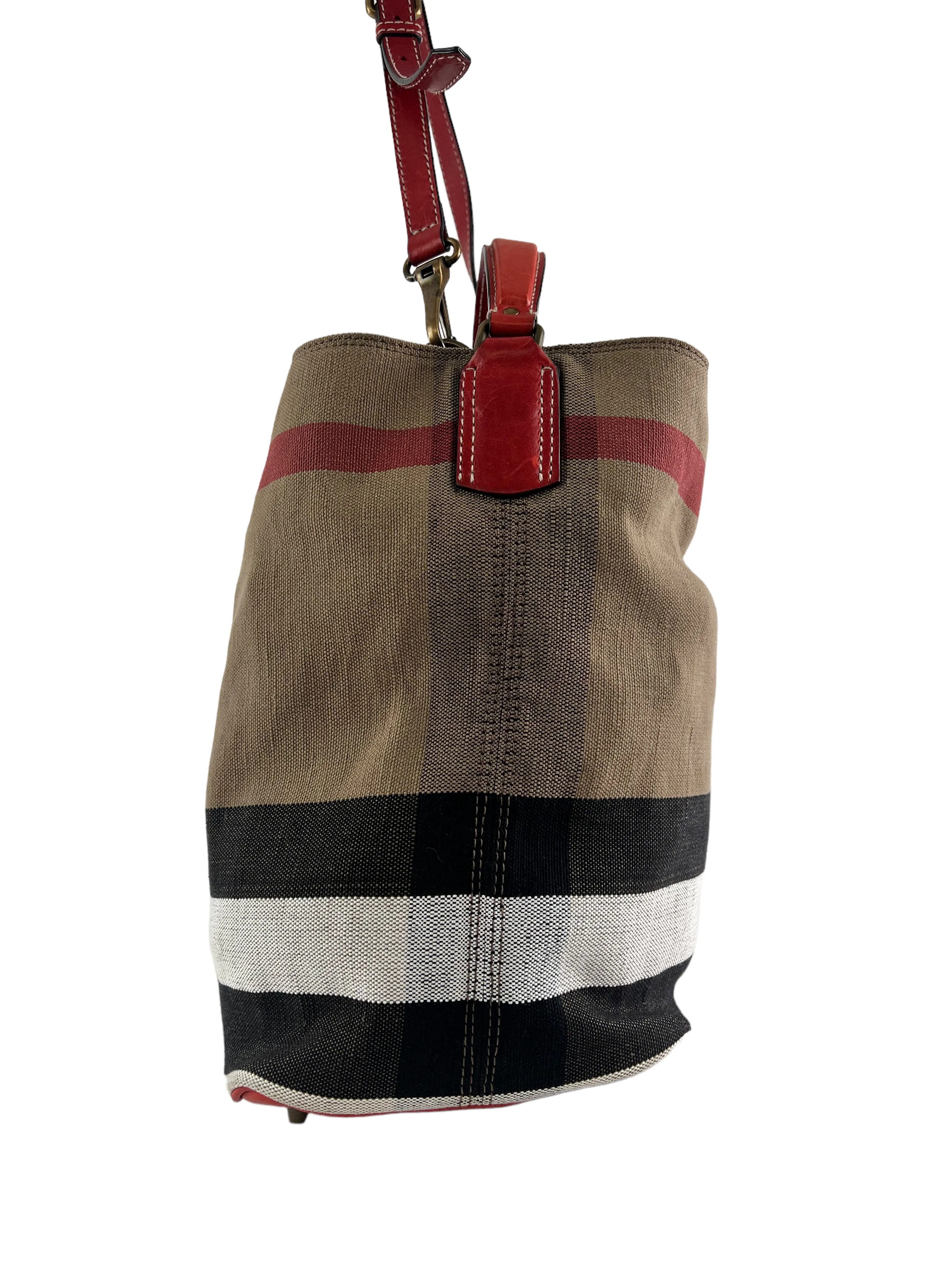 Burberry Checked Bucket Handbag With Red Leather Trim