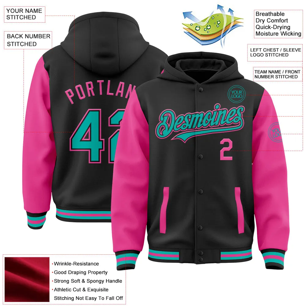 Custom Black Aqua-Pink Bomber Full-Snap Varsity Letterman Two Tone Hoodie Jacket