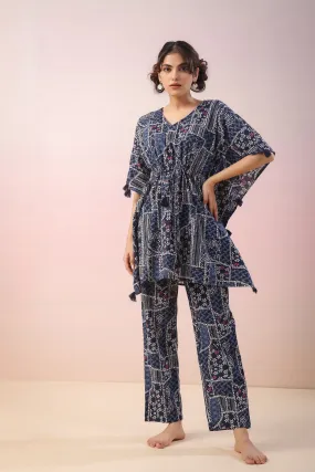 Doodle Print on Indigo Kaftan Co-ord Set