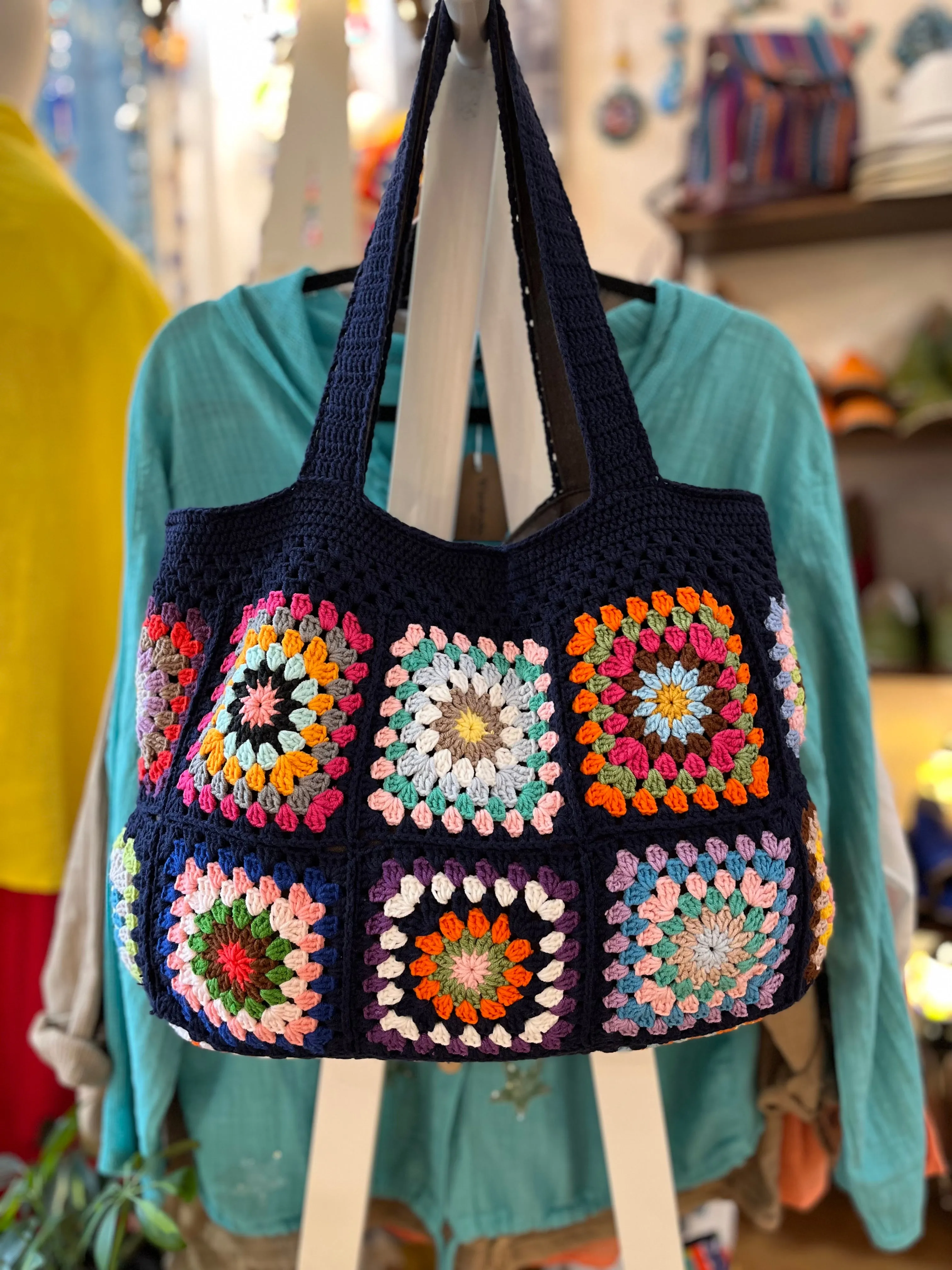 Hand Crochet Tote Bag Granny Bag Navy Blue