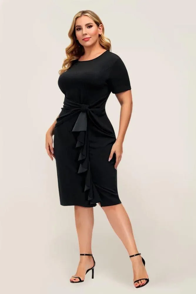 HN Women Plus Size Ruffle Decorated Bodycon Dress Short Sleeve Crew Neck