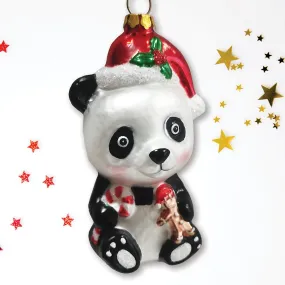 Ornamentally You Cute Panda with Santa Hat and Gift Blown Glass Christmas Ornament