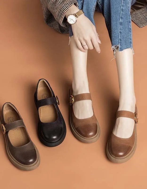 Real Leather Front Buckle Mary Jane Shoes