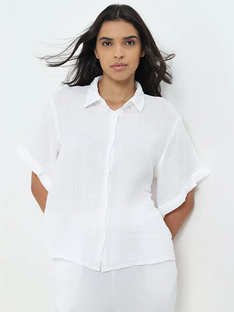 Wunderlove White Crinkled Cotton Beach Shirt